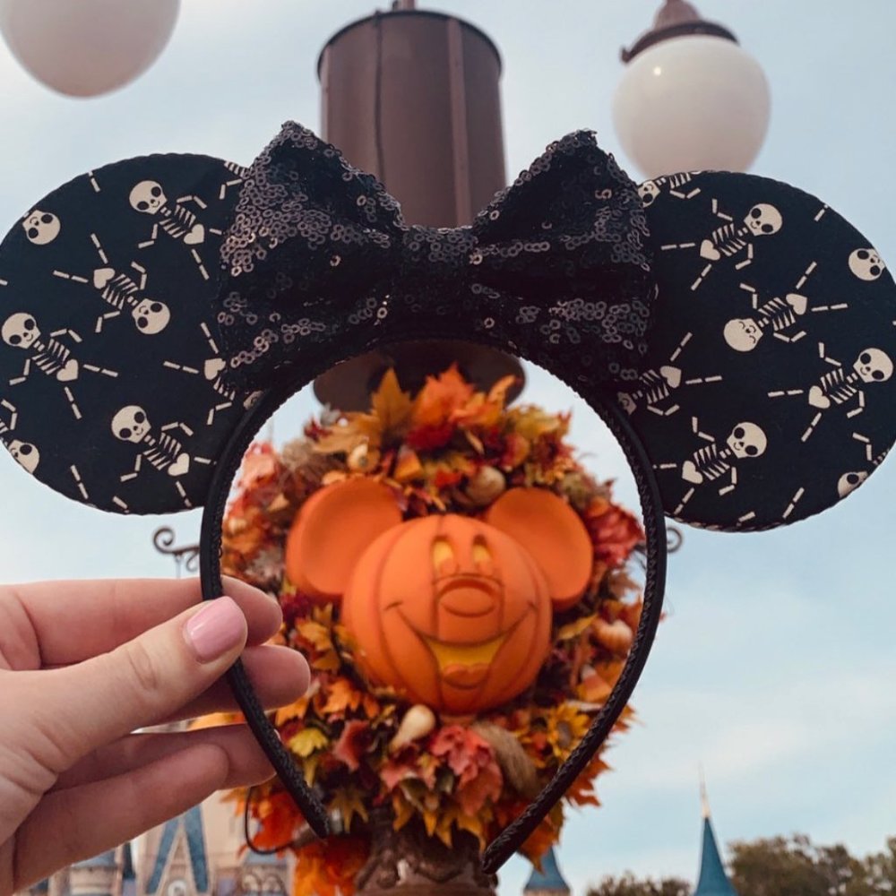 Custom Halloween Time Skeleton Mouse Ears with Black Sequin Bow